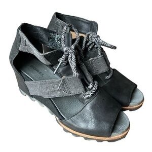 SOREL Women's Joanie Wedge Sandals Open Toe Laced Black Leather US size 9.5